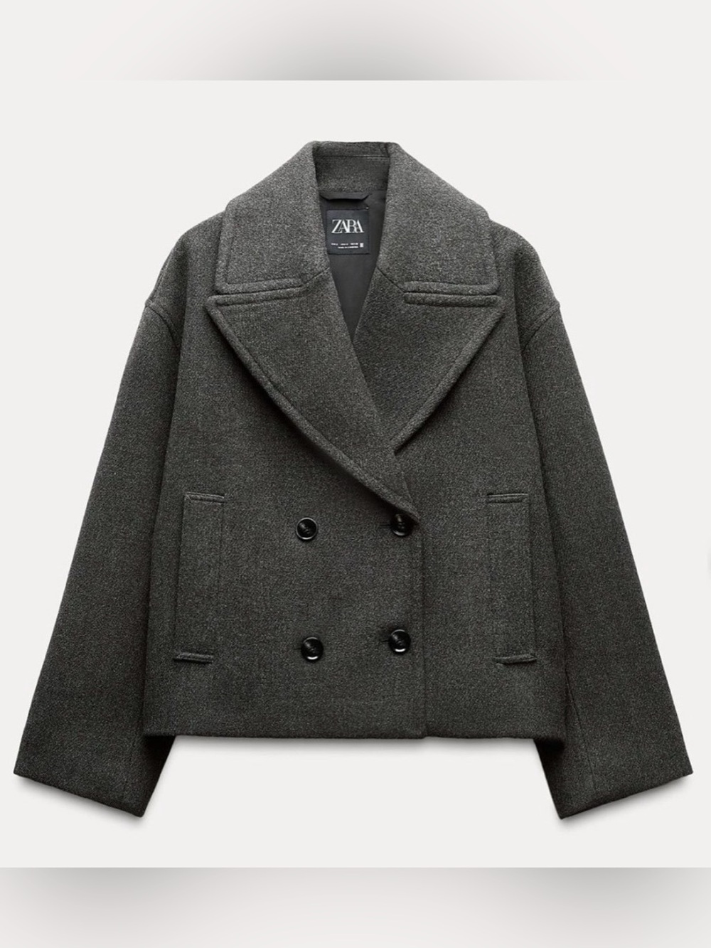 Zara Short Wool Double Breasted Peacoat, Grey, XS